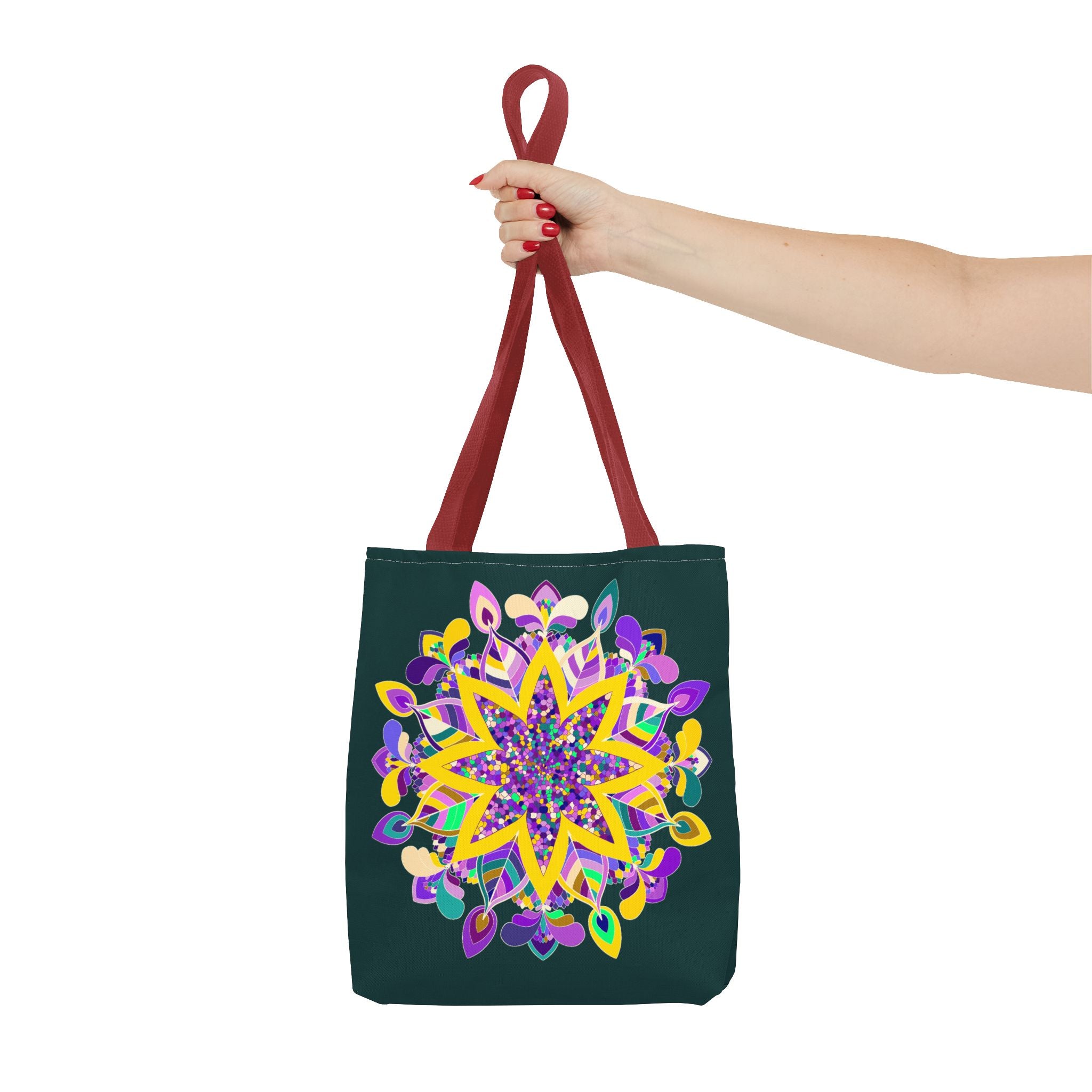 Dark green tote bag with a colorful mandala design, perfect for zen girls, from the Blululi collection