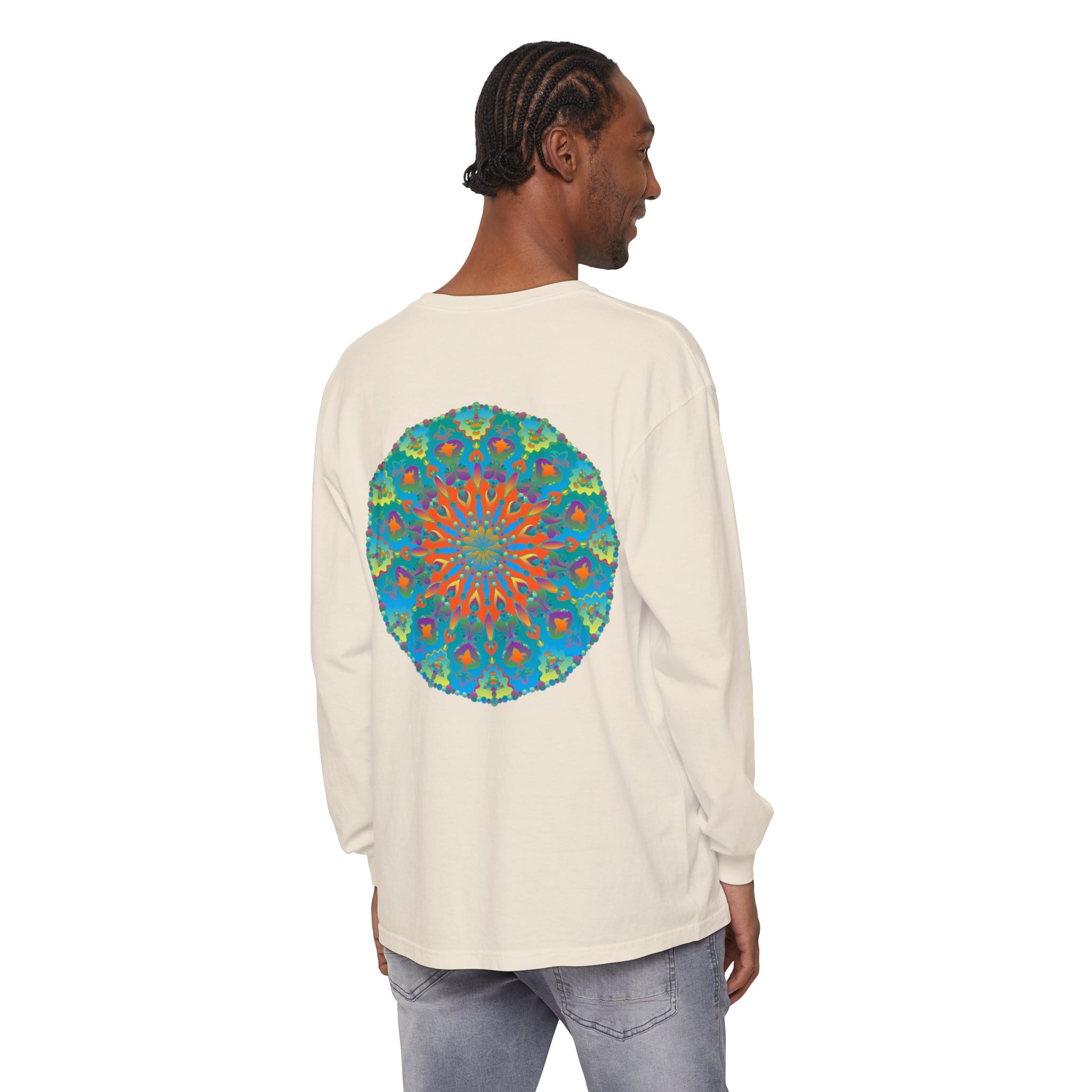 Colorful rainbow mandala design long sleeve T-shirt for vibrant fashion statement