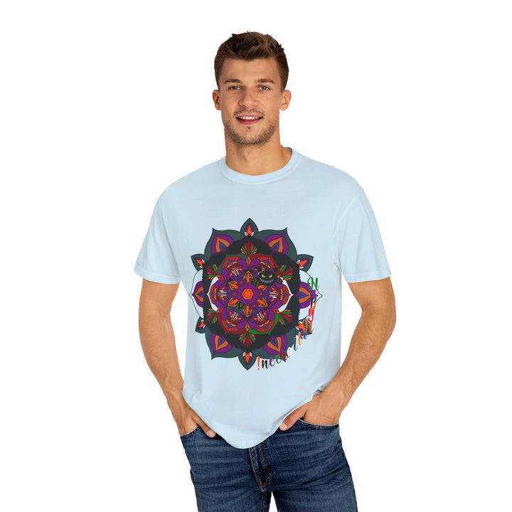 Unisex Halloween Mandala T-shirt featuring handmade pumpkin mandala art on garment-dyed tee