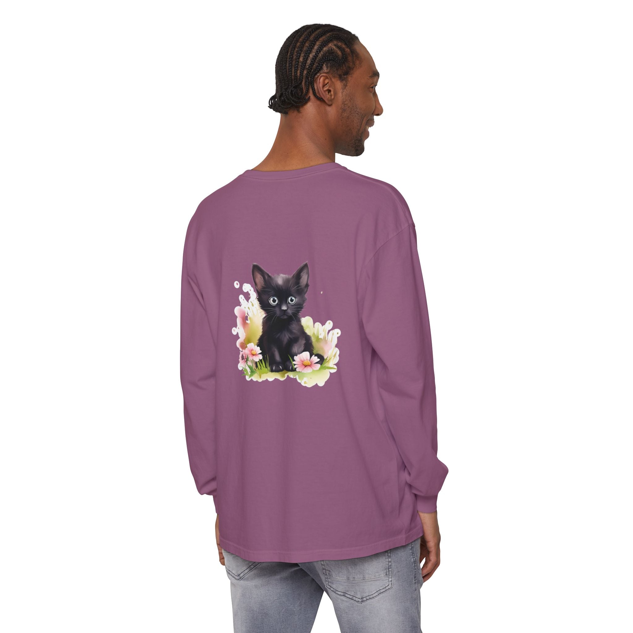 Langarmshirt | Schwarzes Kätzchen & rosa Blumen