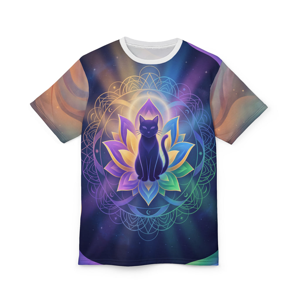 T-Shirt mit der Silhouette einer ruhigen und mystischen, leuchtenden Lotuskatze.