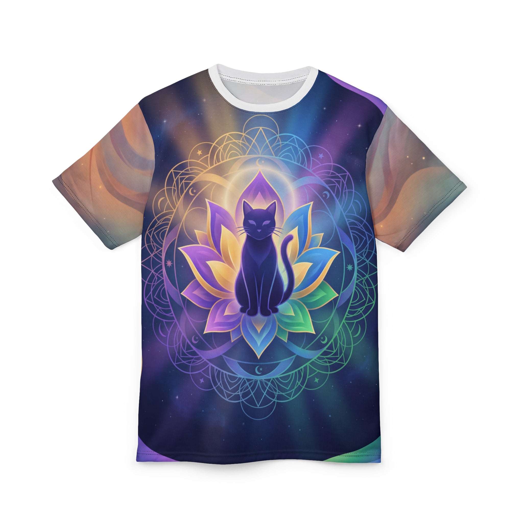 T-Shirt mit der Silhouette einer ruhigen und mystischen, leuchtenden Lotuskatze.