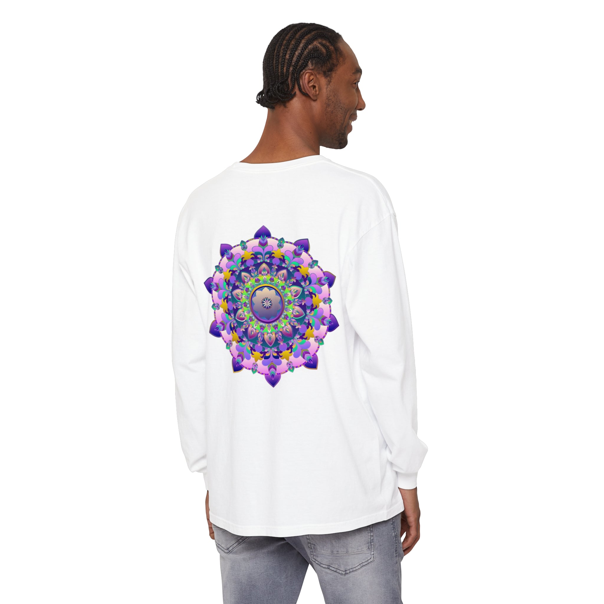 Colorful and intricate mandala design on a unisex long sleeve t-shirt