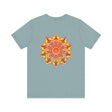 A close-up image of a vibrant mandala tee with intricate patterns symbolizing spiritual peace and harmony, perfect for those seeking a sense of tranquility and inner balance