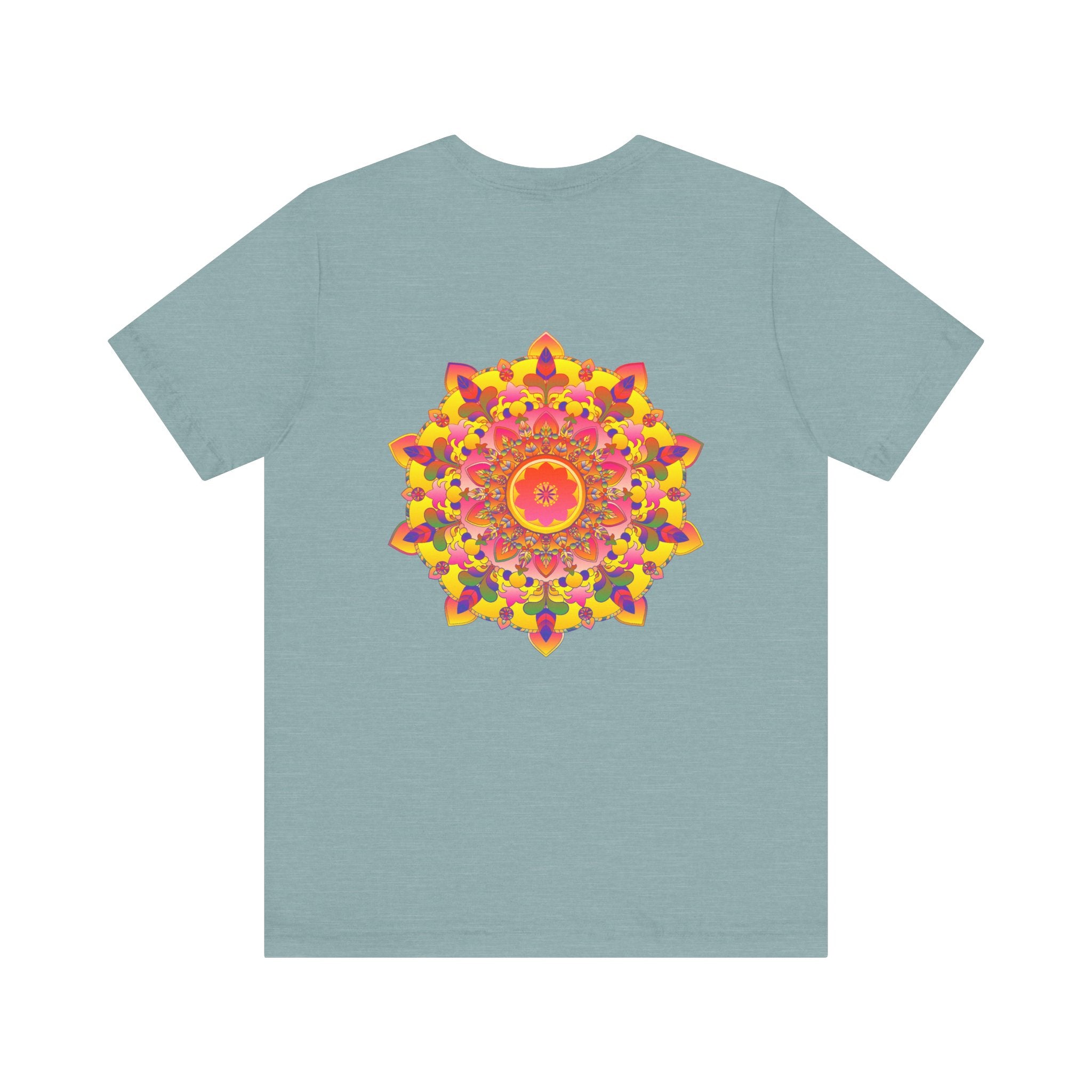 A close-up image of a vibrant mandala tee with intricate patterns symbolizing spiritual peace and harmony, perfect for those seeking a sense of tranquility and inner balance