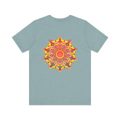 A close-up image of a vibrant mandala tee with intricate patterns symbolizing spiritual peace and harmony, perfect for those seeking a sense of tranquility and inner balance