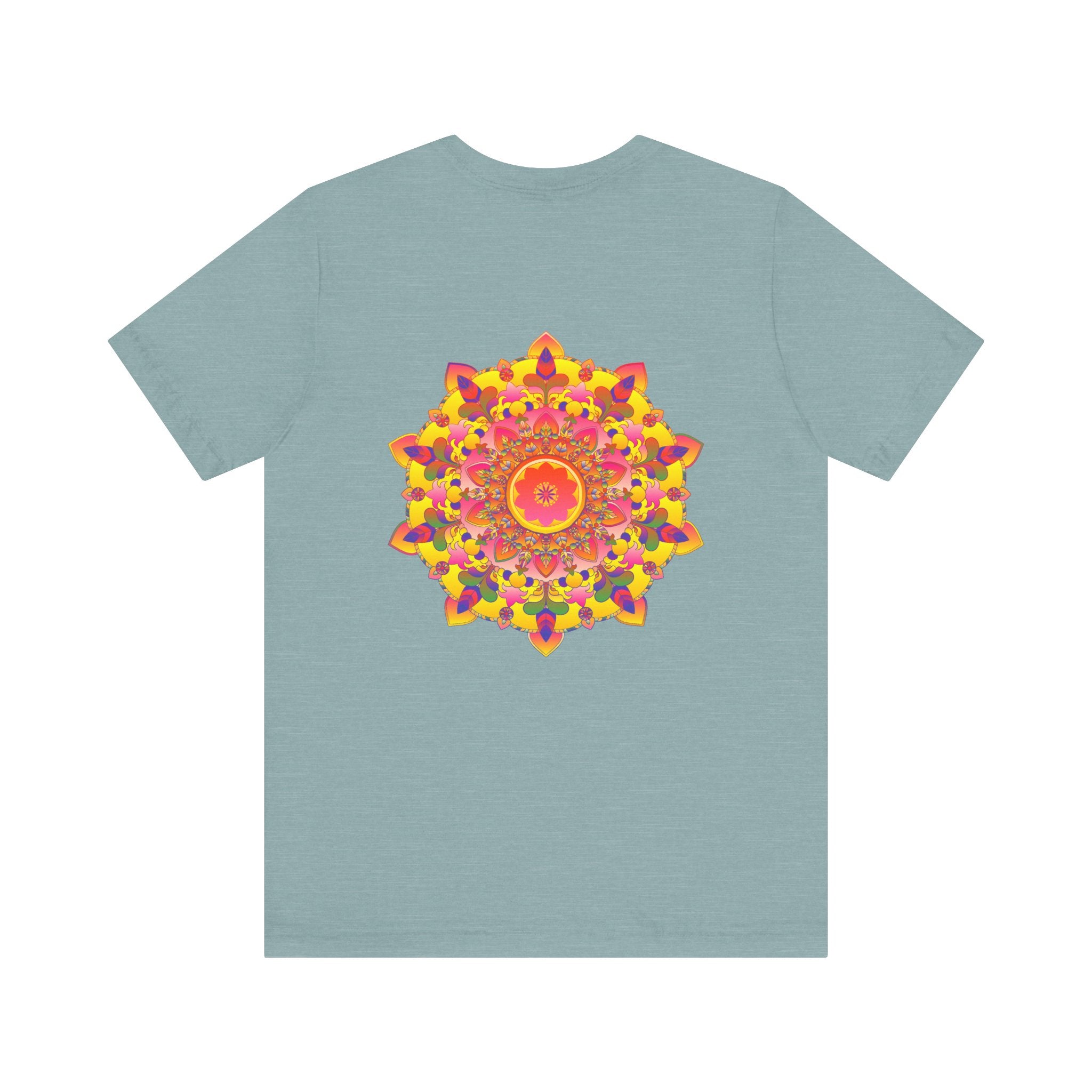 A close-up image of a vibrant mandala tee with intricate patterns symbolizing spiritual peace and harmony, perfect for those seeking a sense of tranquility and inner balance