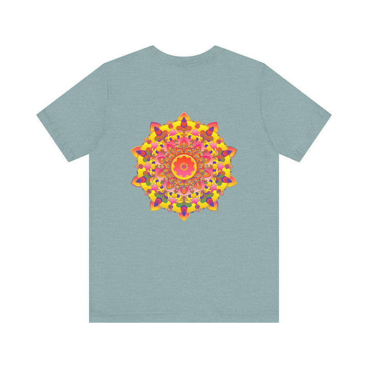 A close-up image of a vibrant mandala tee with intricate patterns symbolizing spiritual peace and harmony, perfect for those seeking a sense of tranquility and inner balance