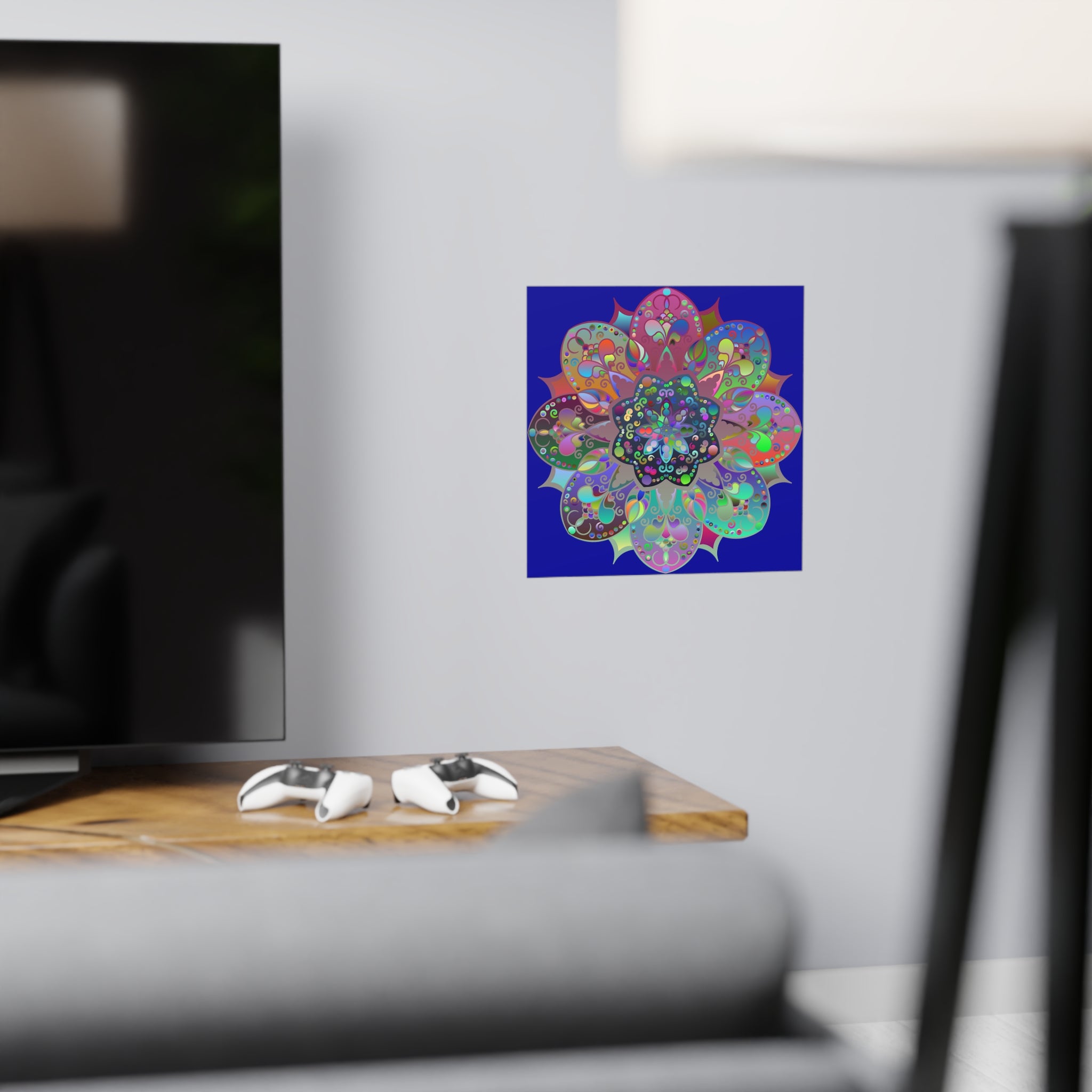 Beautiful handmade mandala design matte poster in dark blue color