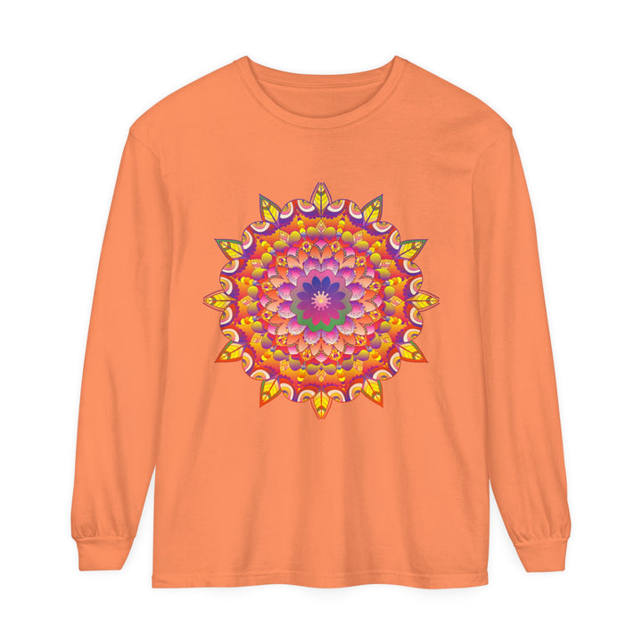 Colorful and detailed mandala design on a unisex long sleeve t-shirt