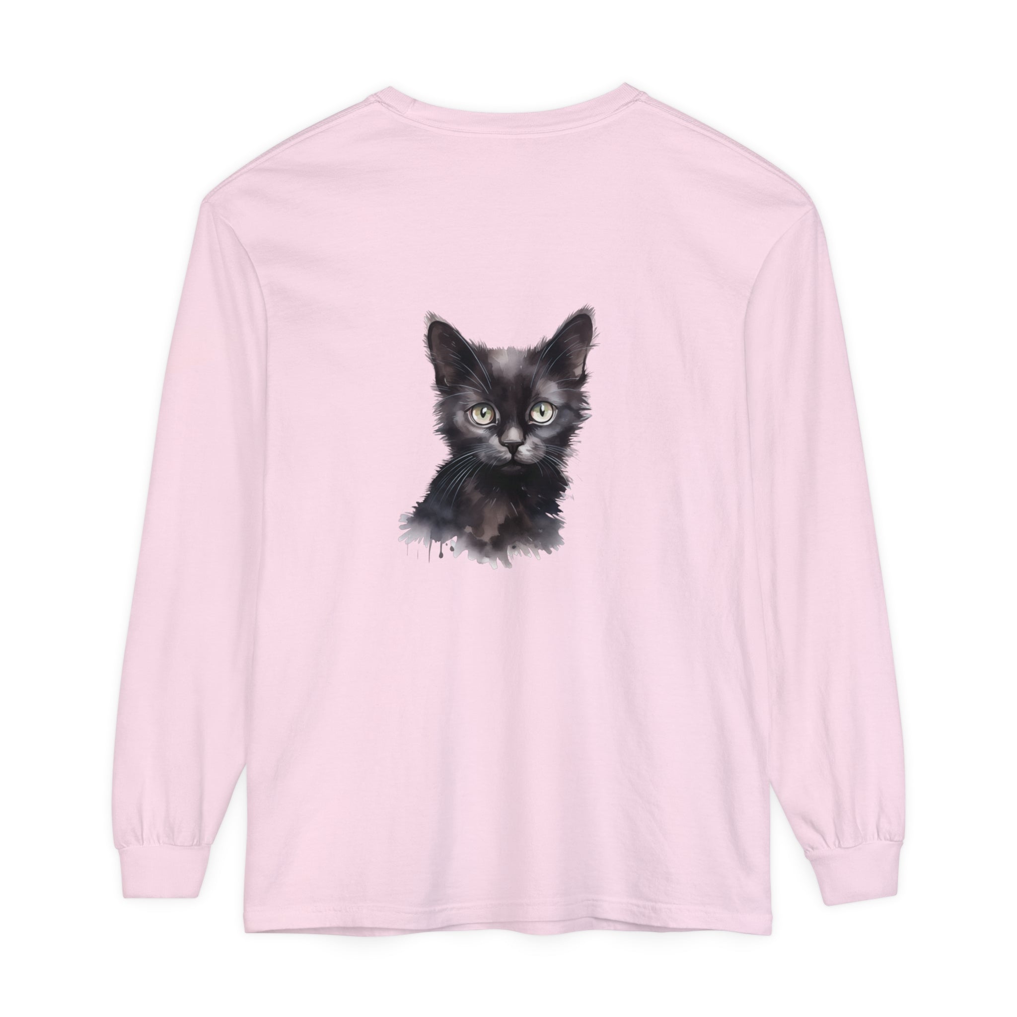 Black Cat Watercolor Long Sleeve T-Shirt featuring a vibrant watercolor design of a black cat