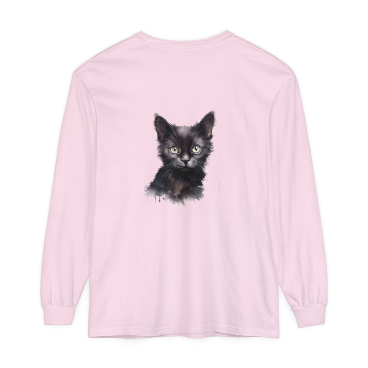 Black Cat Watercolor Long Sleeve T-Shirt featuring a vibrant watercolor design of a black cat