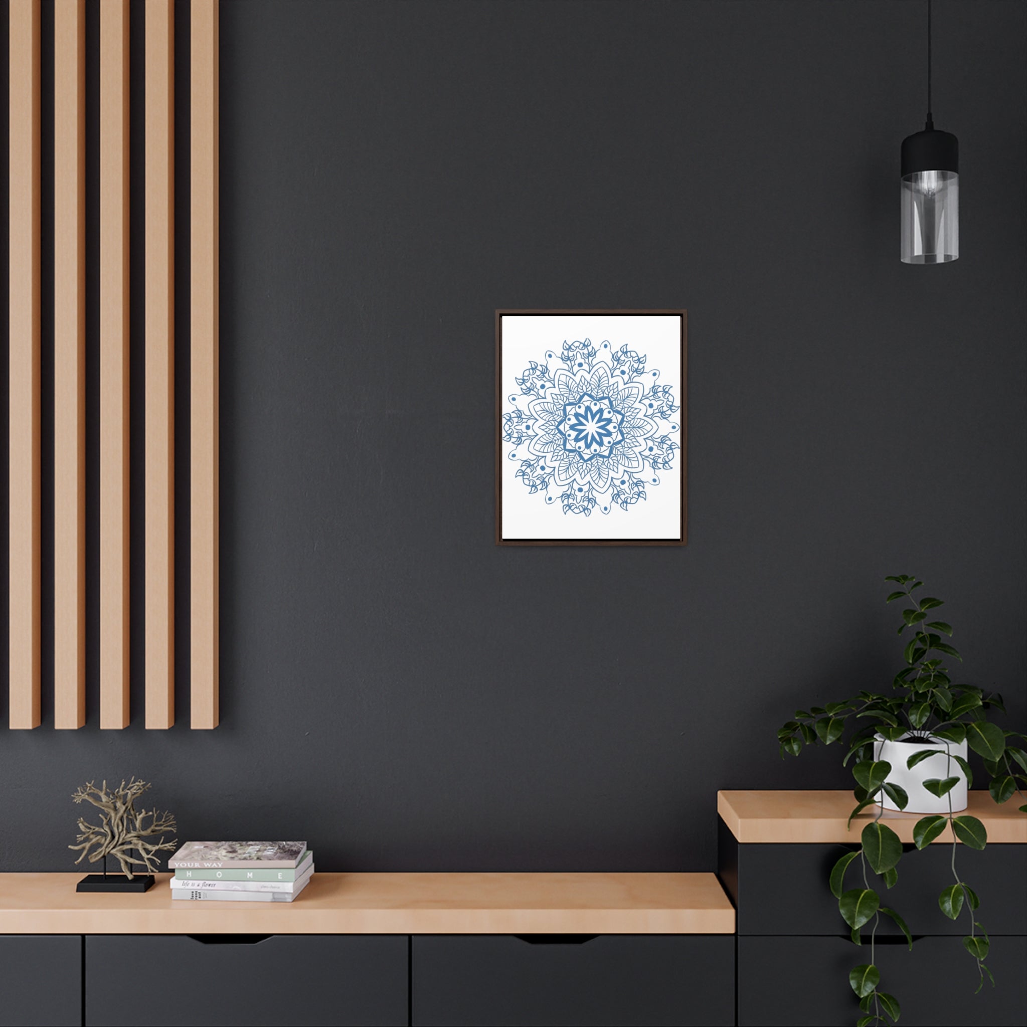 Beautiful steel blue Mandala Handmade Art on gallery canvas wraps, perfect for vertical frames and adding intricate design to your wall decor