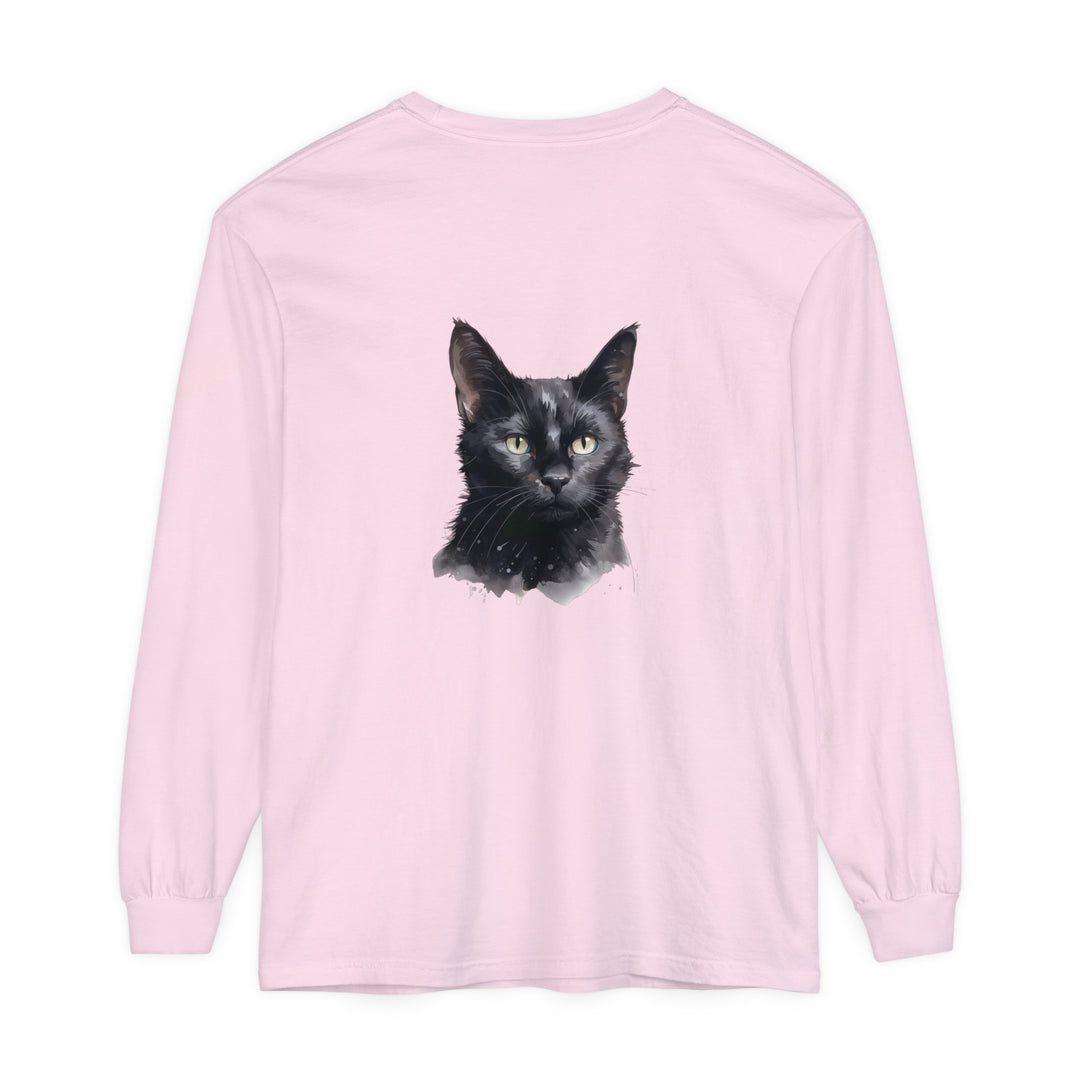 A close-up image of a black cat watercolor design featured on a unisex long sleeve t-shirt