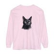 A close-up image of a black cat watercolor design featured on a unisex long sleeve t-shirt