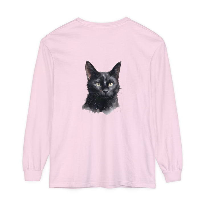 A close-up image of a black cat watercolor design featured on a unisex long sleeve t-shirt