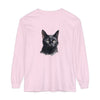 A close-up image of a black cat watercolor design featured on a unisex long sleeve t-shirt