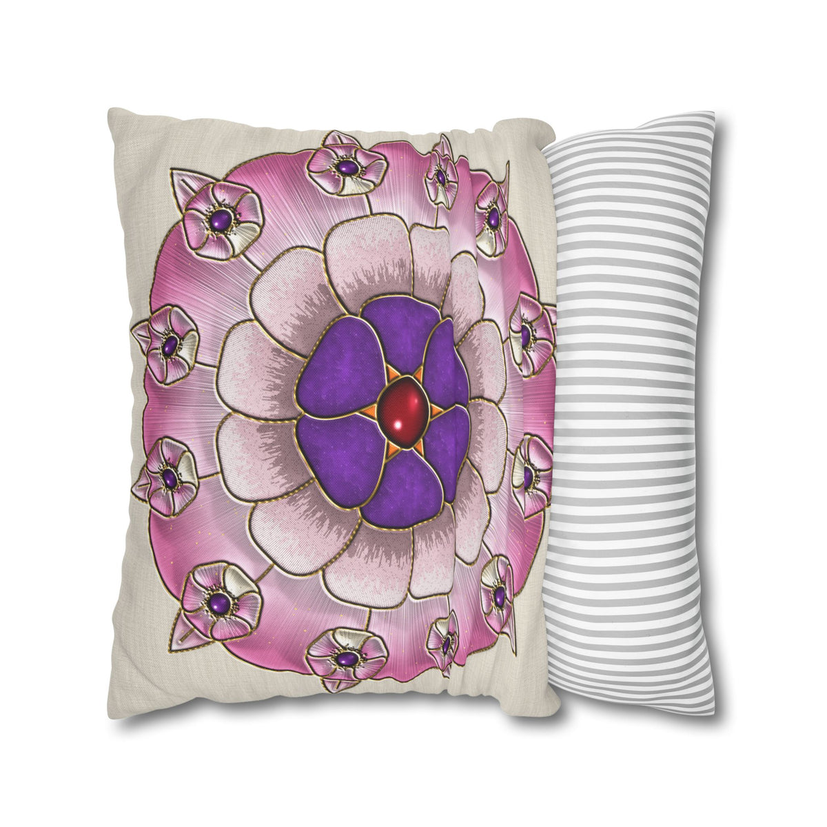 Federa quadrata con motivo a mandala floreale rosa e viola