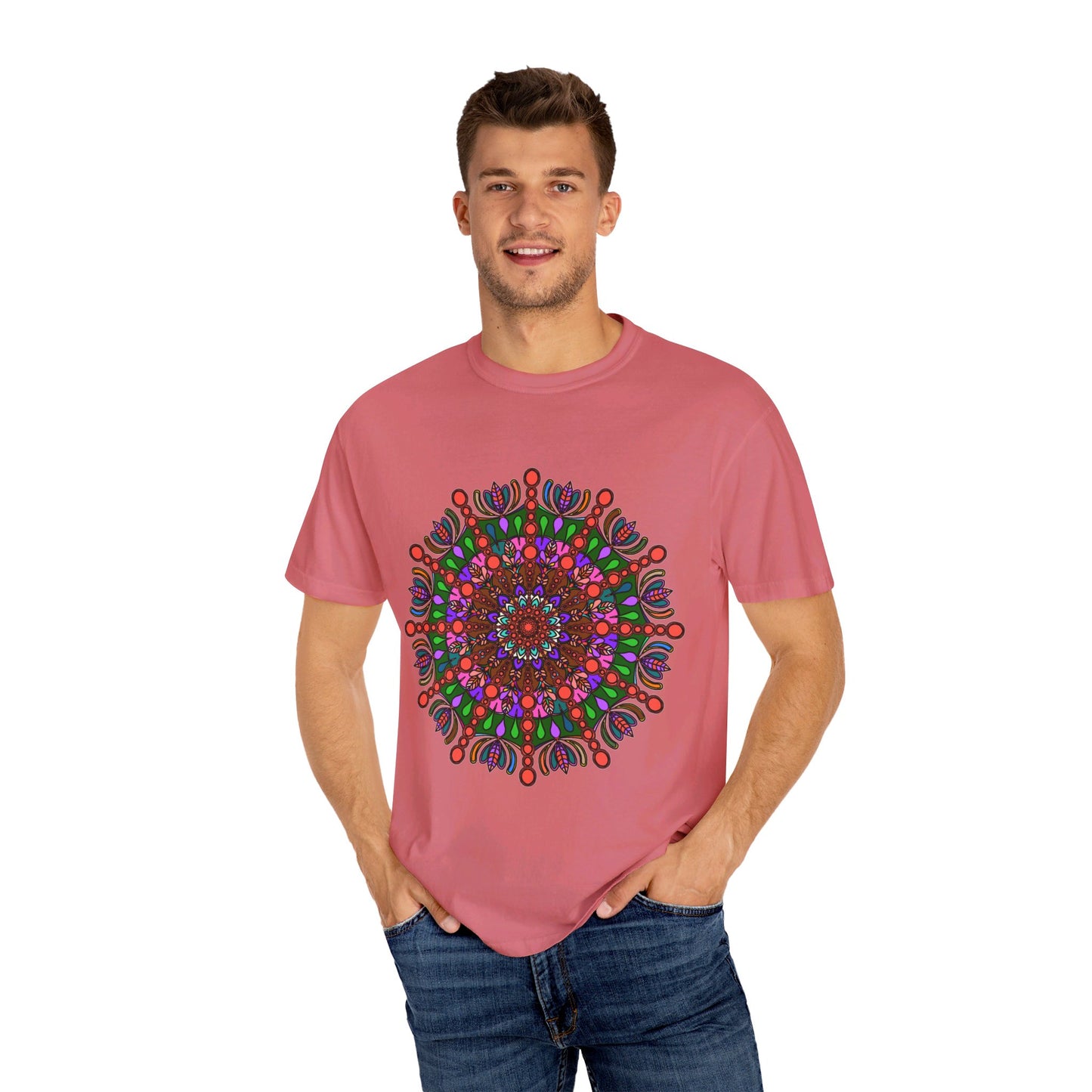 Hand-drawn mandala art on a unisex t-shirt made of 100% ring-spun cotton, garment-dyed for extra comfort