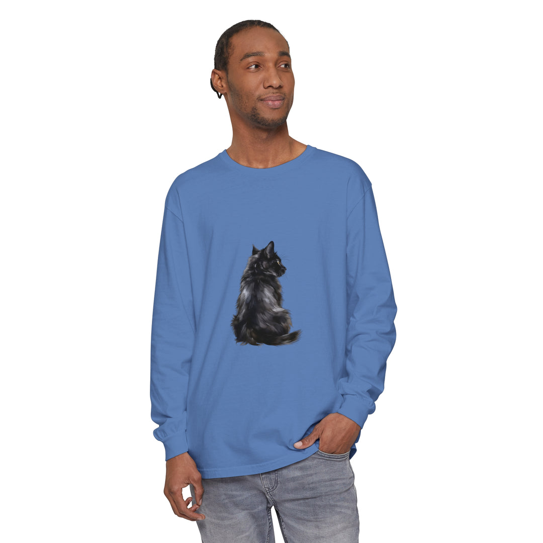 A close-up image of a black long sleeve t-shirt with a mystical cat design