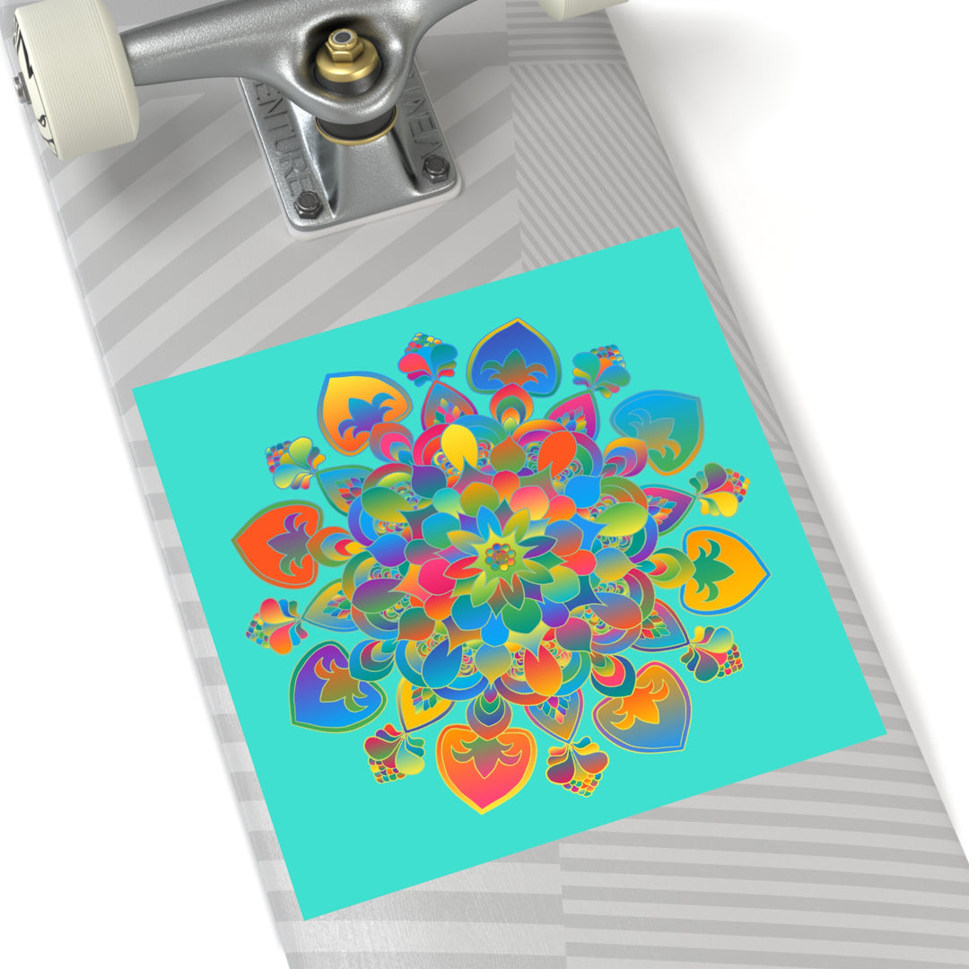 Hand-Drawn Mandala Laminate Stickers – Gold, Red, and Green on Turquoise