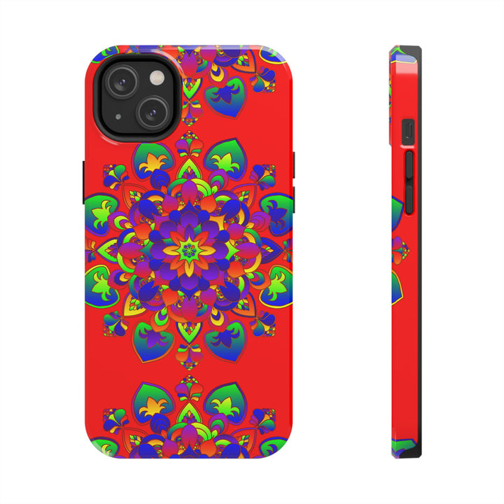 Hand drawn red mandala art phone case with intricate floral design