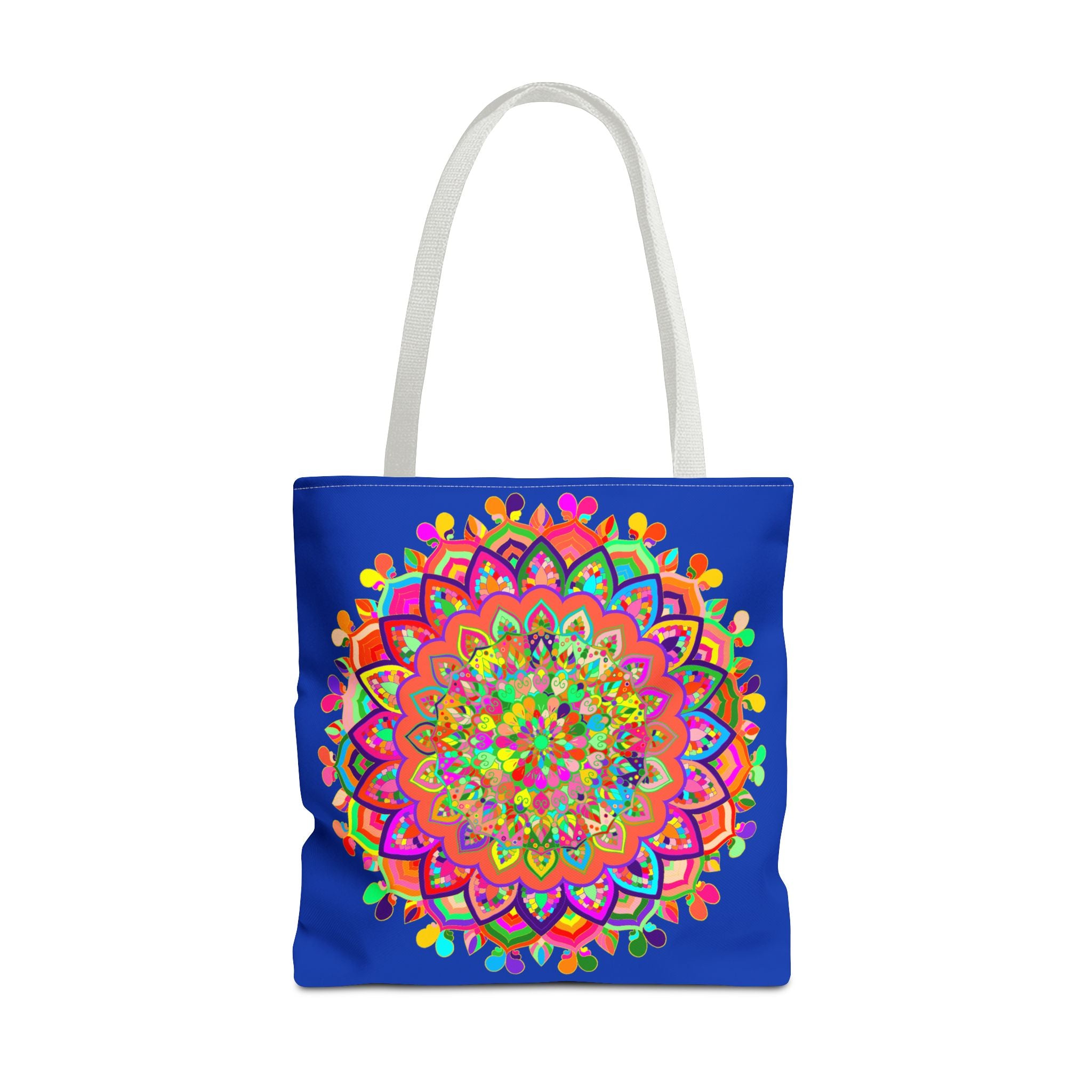 Large dark blue tote bag featuring vibrant mandala design