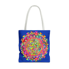 Large dark blue tote bag featuring vibrant mandala design