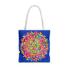 Large dark blue tote bag featuring vibrant mandala design