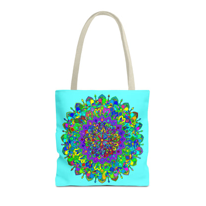 Vibrant and intricate mandala art design on a spacious tote bag