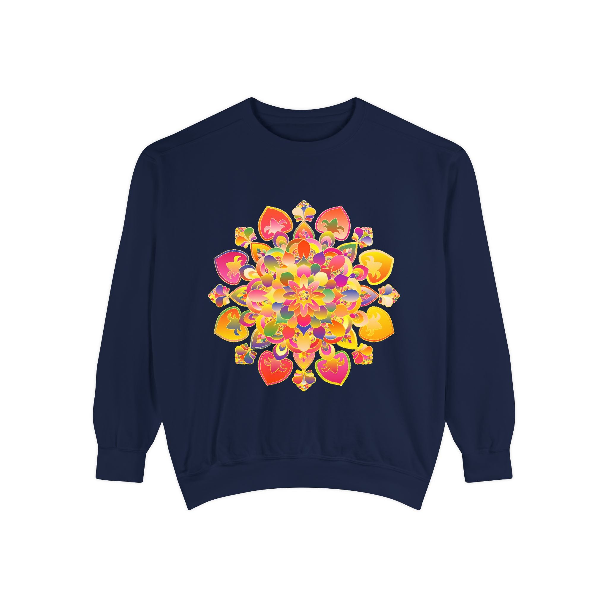 Vibrant mandala sweatshirt with intricate, colorful design and detailed patterns