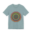 A beautiful, intricately designed mandala meditation tee in vibrant, eye-catching colors