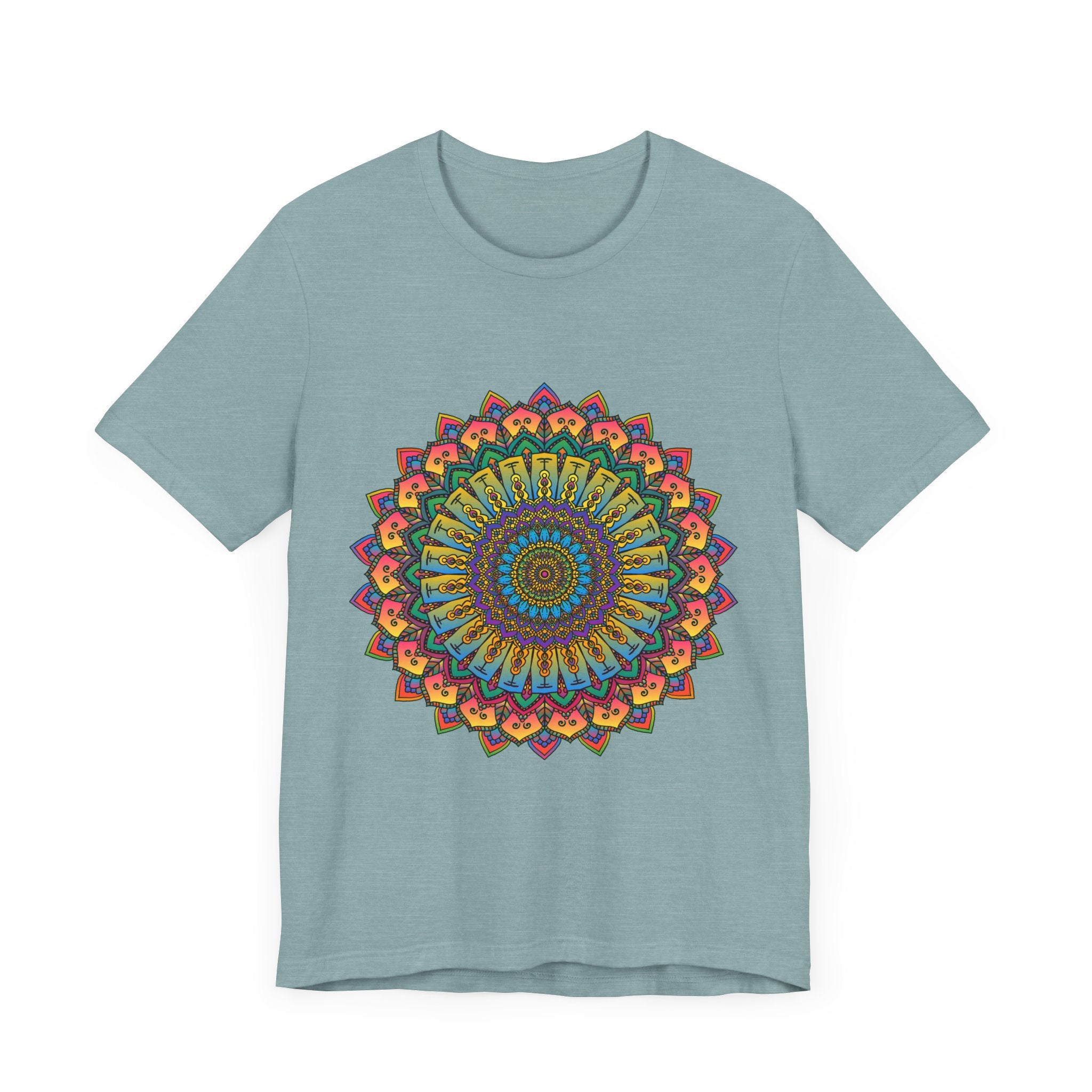 A beautiful, intricately designed mandala meditation tee in vibrant, eye-catching colors