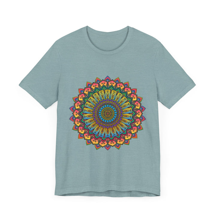 A beautiful, intricately designed mandala meditation tee in vibrant, eye-catching colors