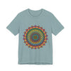 A beautiful, intricately designed mandala meditation tee in vibrant, eye-catching colors