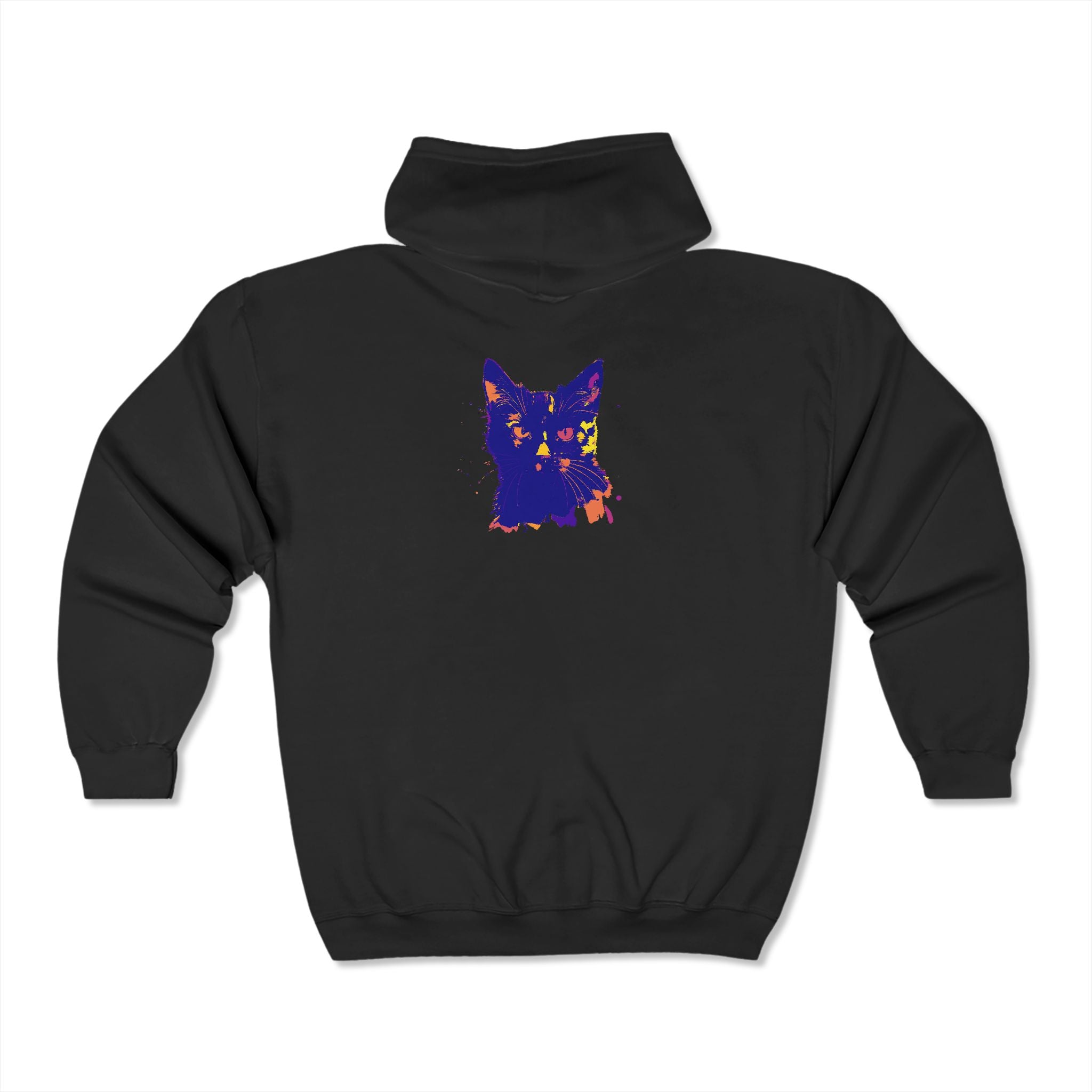  Back view of the Black Cat Watercolor Hoodie - Mystical Design showing the detailed watercolor design of a black cat surrounded by mystical elements