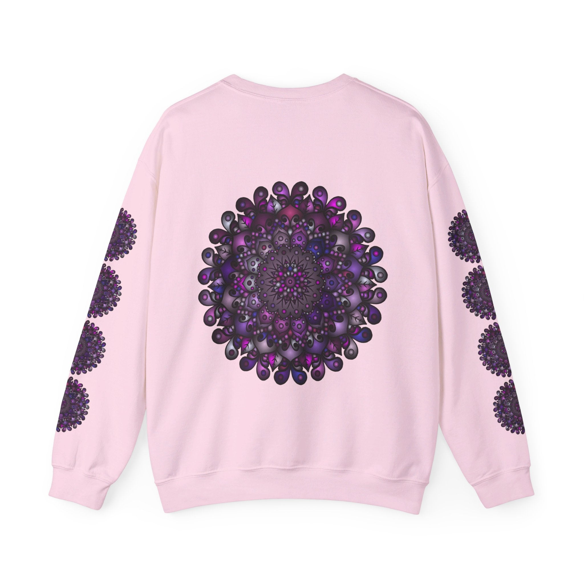 A comfortable unisex heavy blend crewneck sweatshirt featuring a vibrant purple mandala design