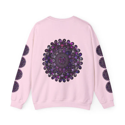 A comfortable unisex heavy blend crewneck sweatshirt featuring a vibrant purple mandala design