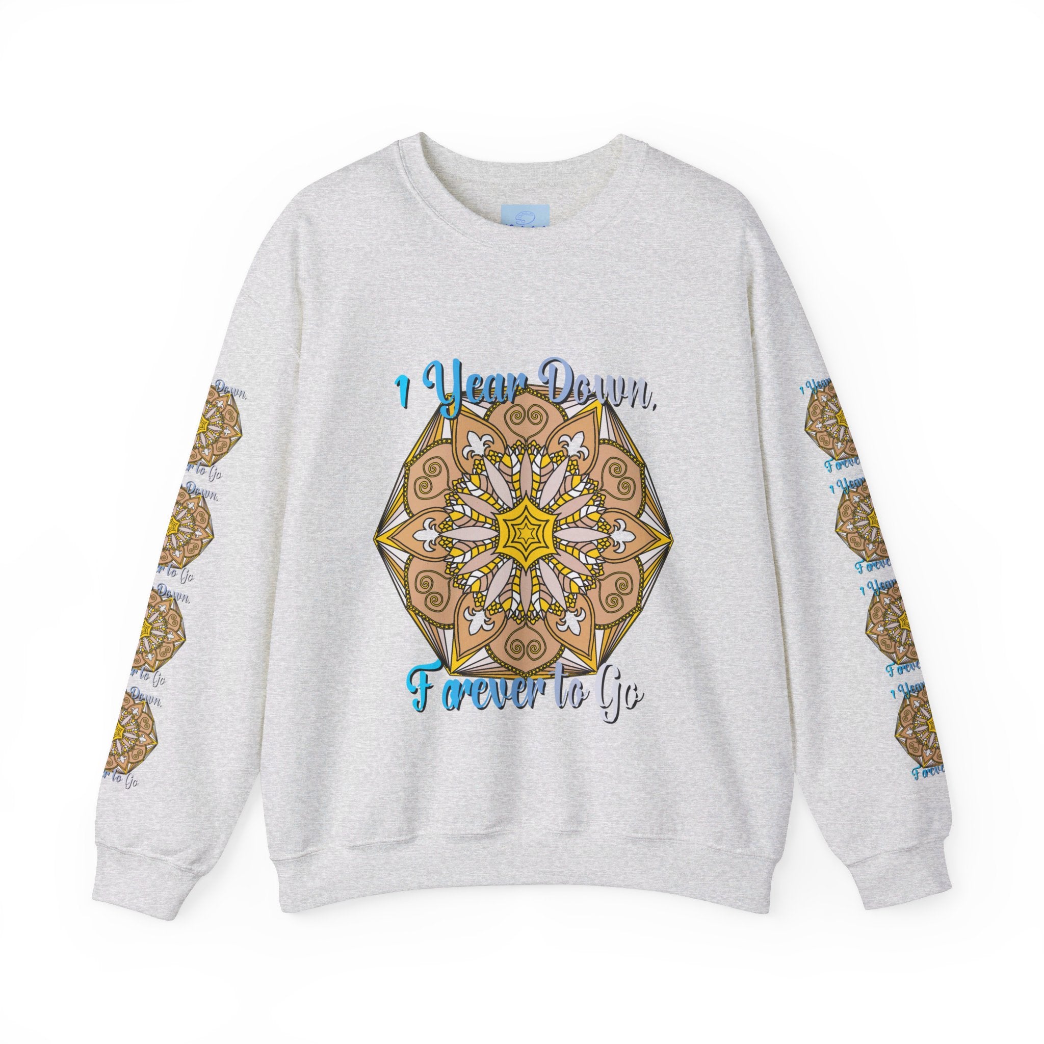 Black unisex crewneck sweatshirt with '1 Year Down, Forever to Go' anniversary message