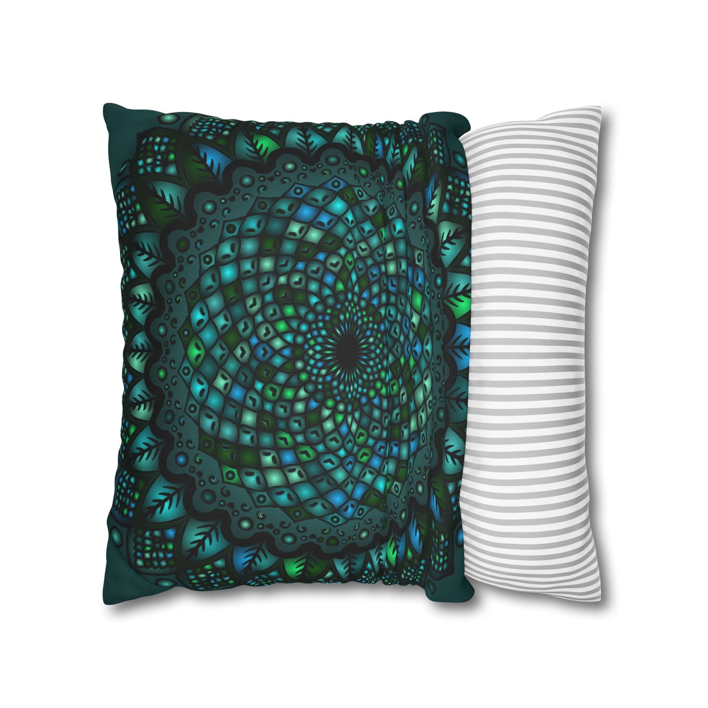 Spun polyester square pillowcase featuring mandala art in petroleum green