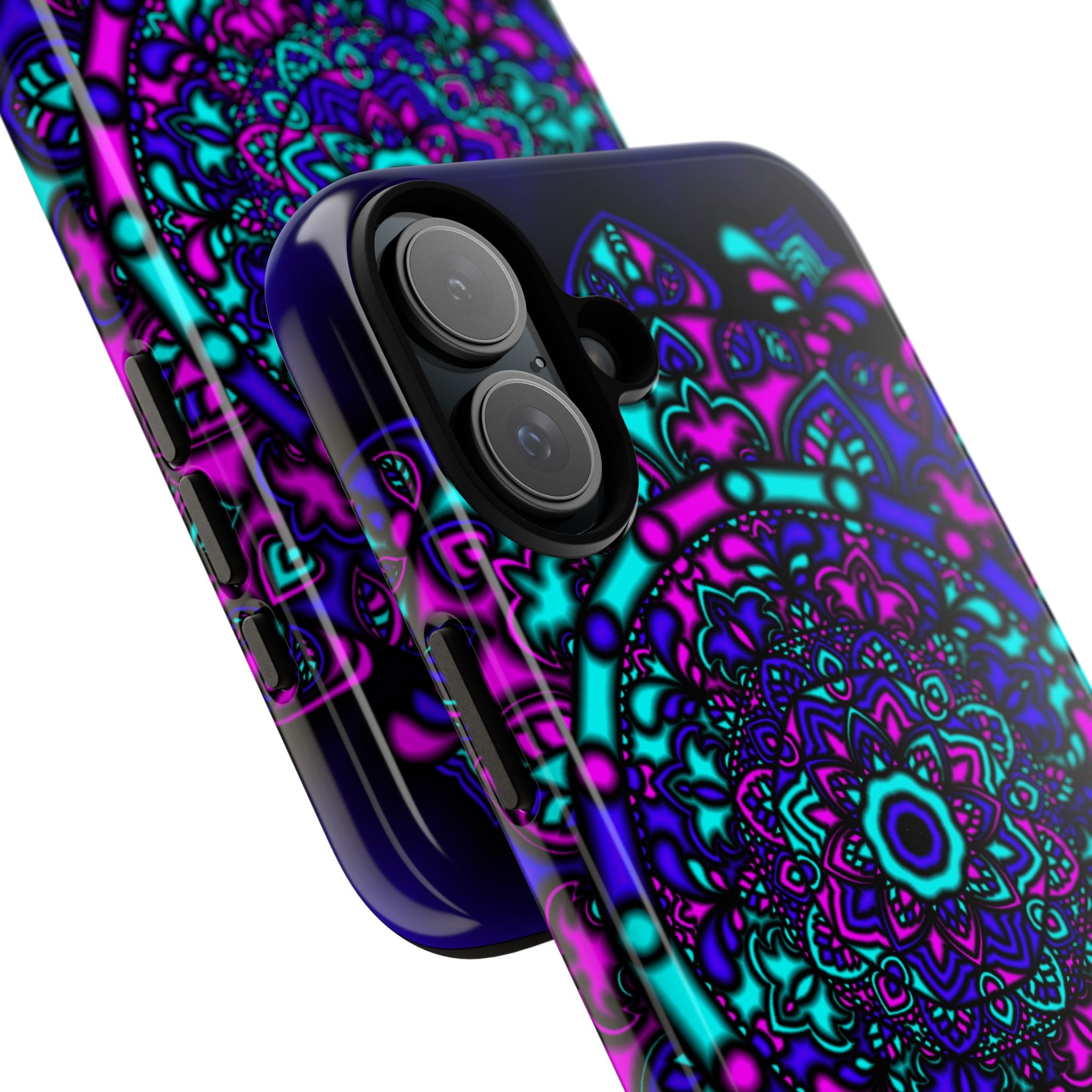 Mandala Neon Phone Case — Purple & Teal Protective Tough Case