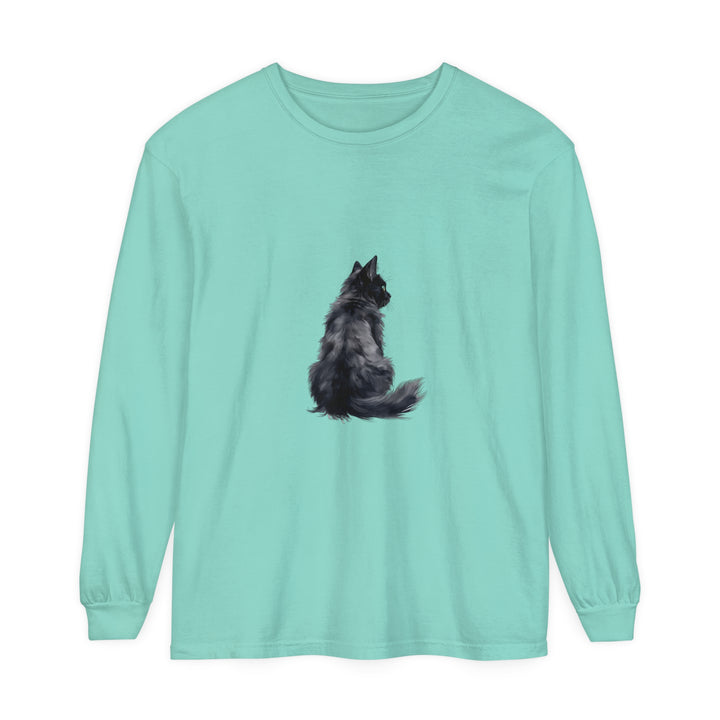 Black cat silhouette printed on a unisex long sleeve t-shirt