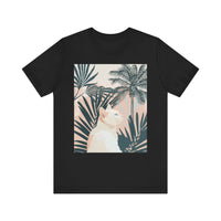 Tropical cat shirt with a white kitty and palm leaf print