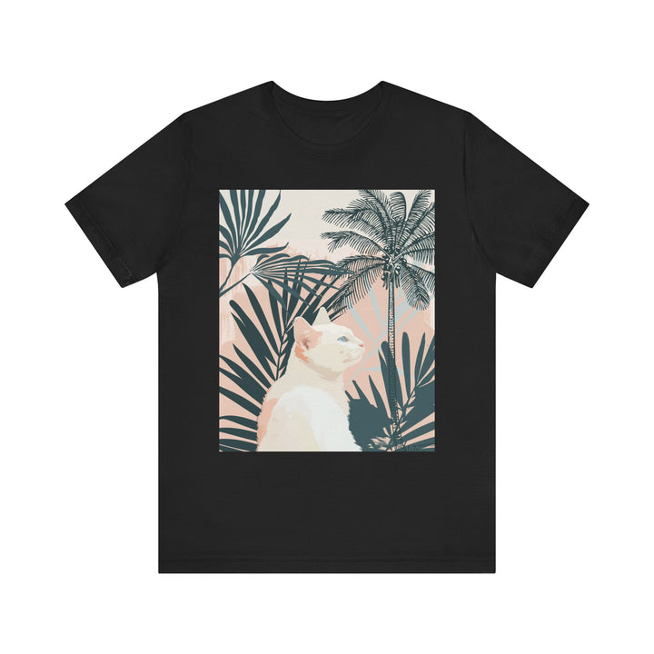 Tropical cat shirt with a white kitty and palm leaf print