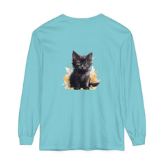 A watercolor splash t-shirt featuring a playful black kitten design