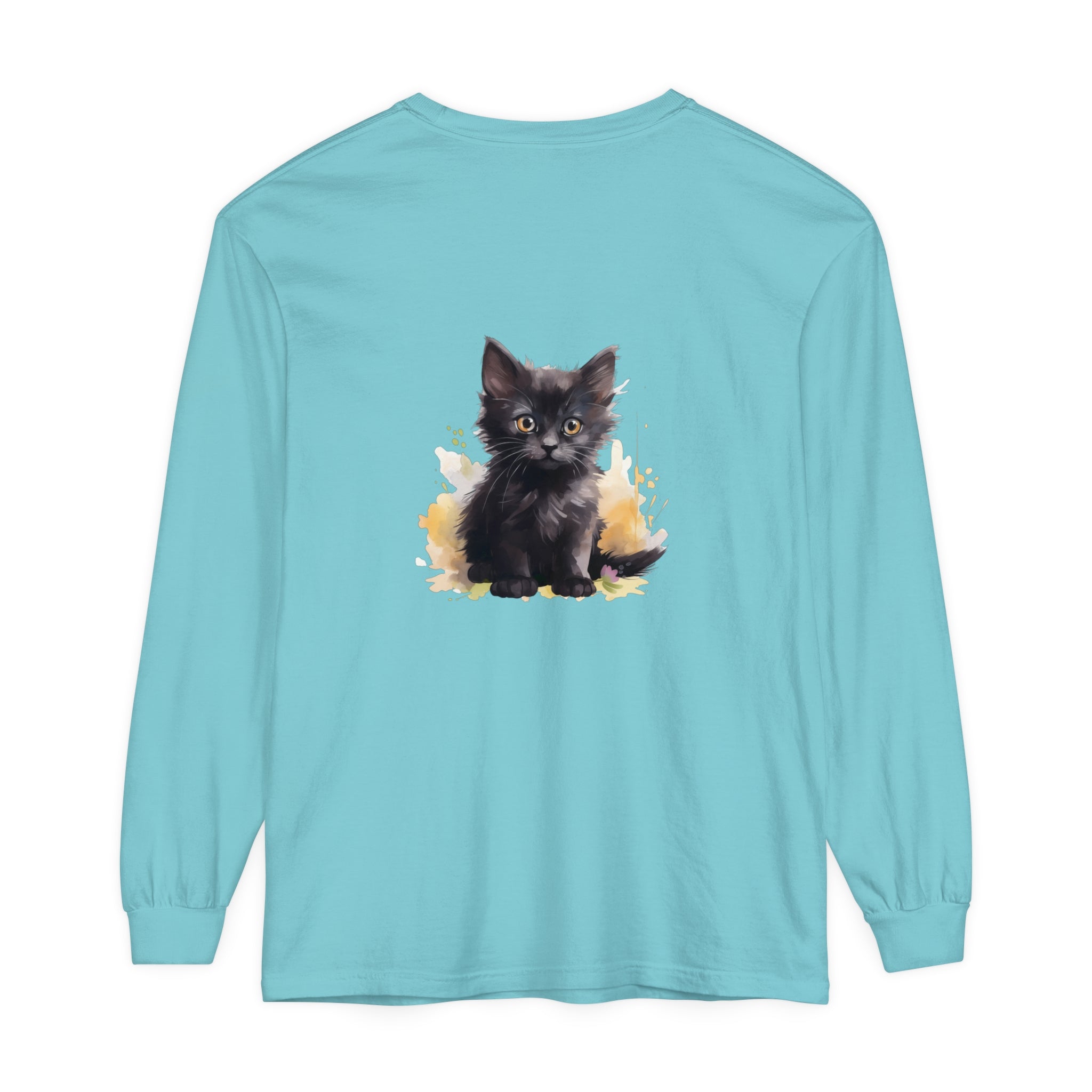 A watercolor splash t-shirt featuring a playful black kitten design