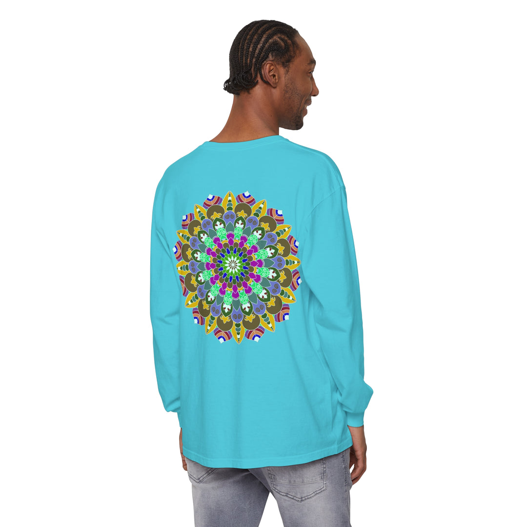 Vibrant and intricate mandala design featured on a long sleeve t-shirt