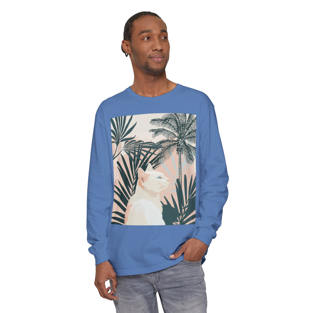 White Cat Tropical Mandala Long Sleeve T-Shirt with vibrant, colorful design