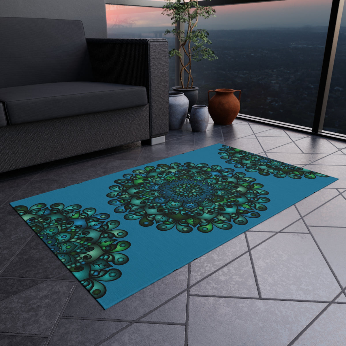 Blau-grüner Mandala-Outdoor-Teppich — Wetterfeste Terrassenmatte