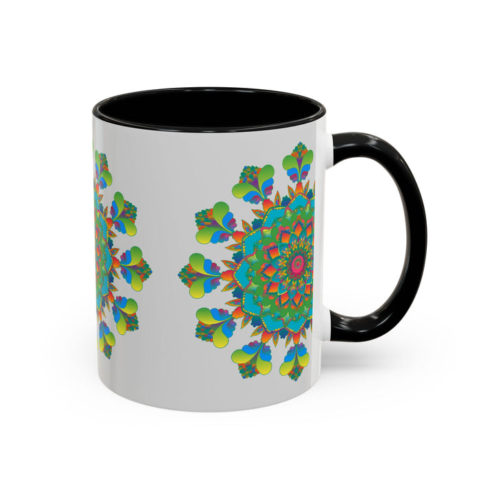 Mandala Art Mug - Vibrant and colorful mandala design in shades of blue, green, and pink on a grey background